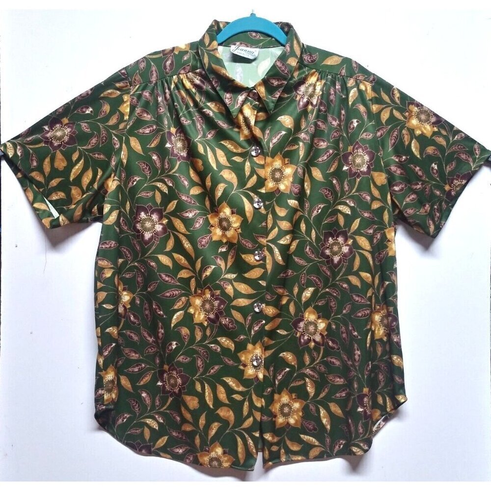 Joanna VTG Floral top XL/2X/3X Green yellow brown collar button up stretch SS